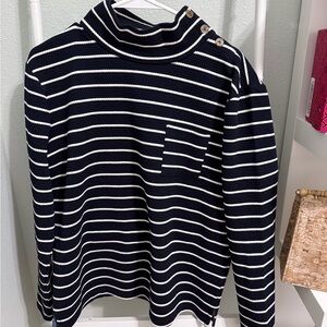 Talbots Navy and White Striped Turtleneck Sweashirt with Button Accents
